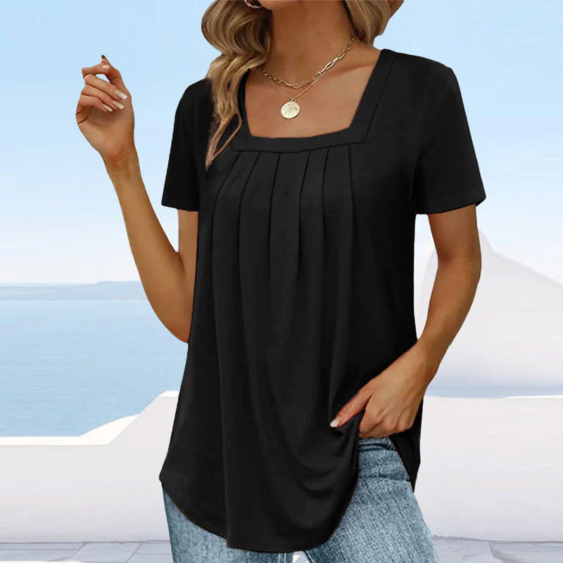 Square neck solid color short sleeve t-shirt