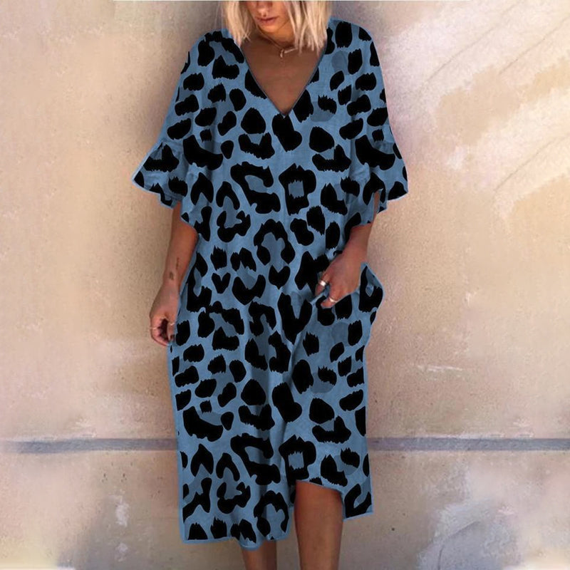 V-Neck Loose Dress With Leopard Print