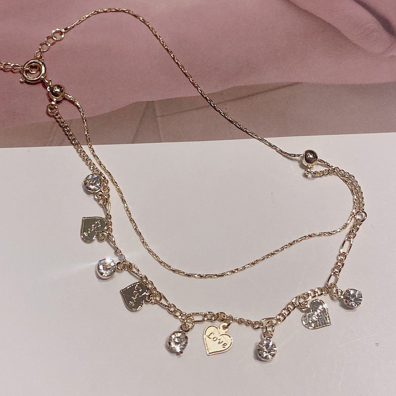 Double Layer Rhinestones Heart Anklet