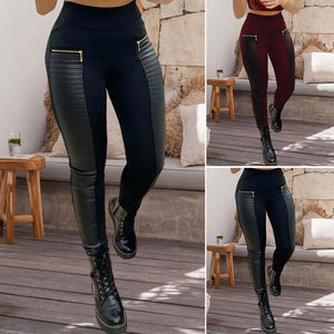Faux Leather Pants with Contrasting Trim and Zipper